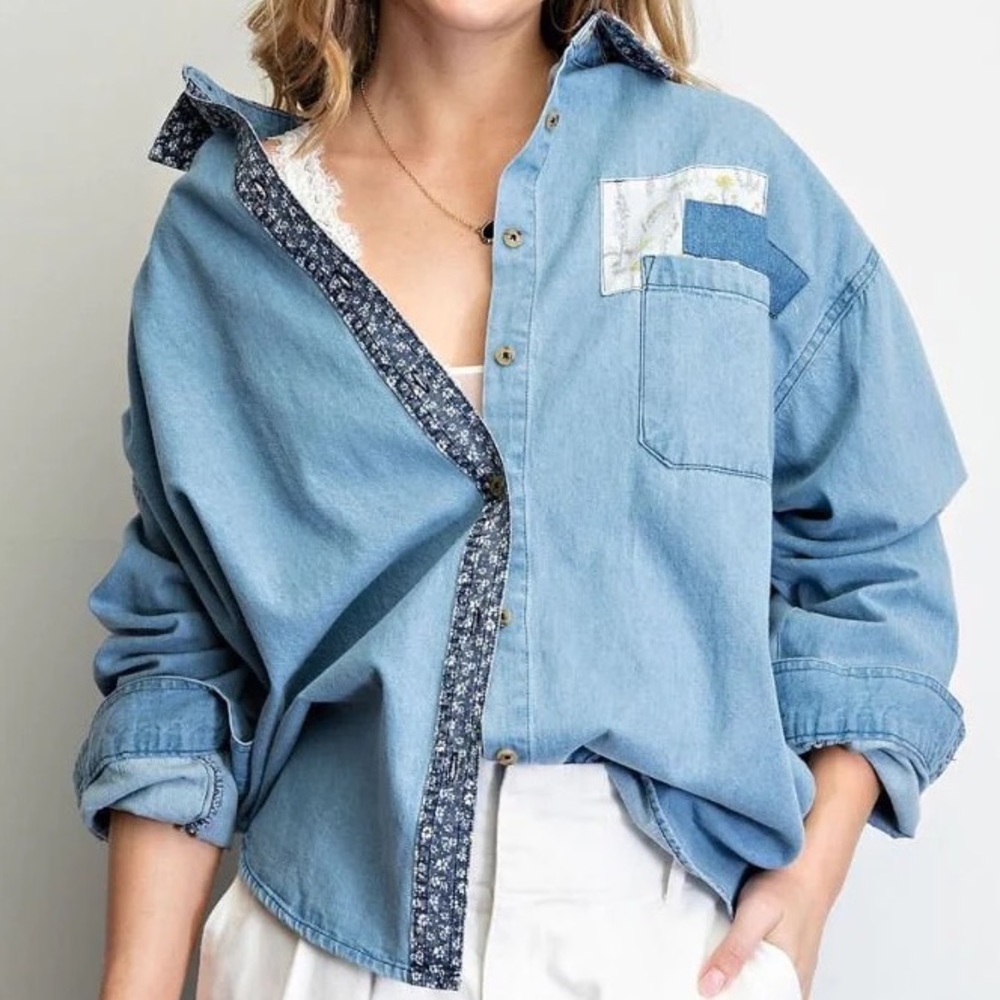 Easel Floral Printed Washed Denim Chambray Patched Loose Fit Size Large